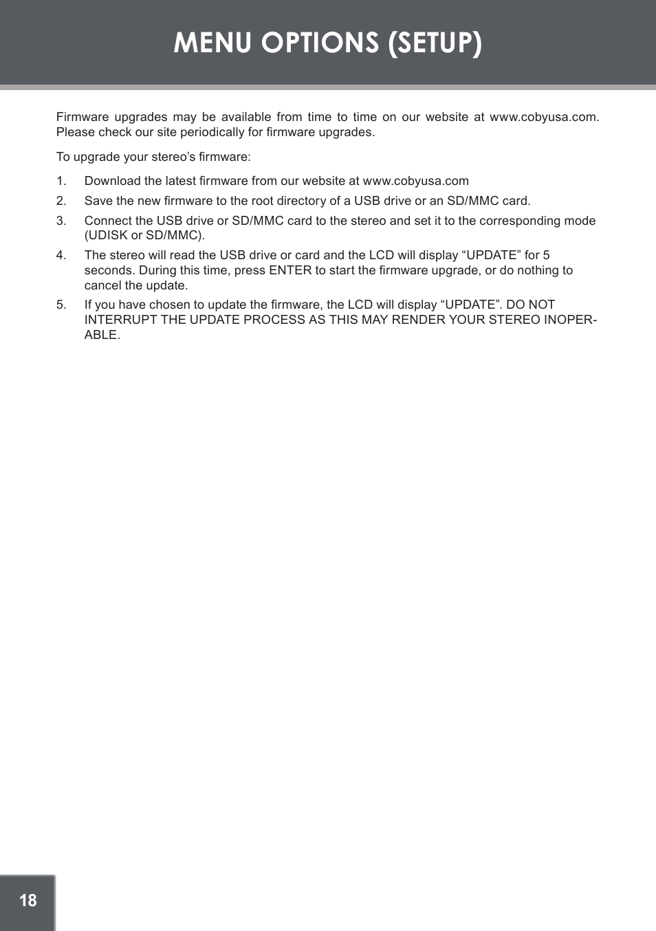 Menu options (setup) | COBY electronic CX-266 User Manual | Page 18 / 24