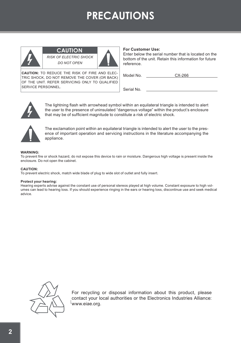 Precautions, Caution | COBY electronic CX-266 User Manual | Page 2 / 24