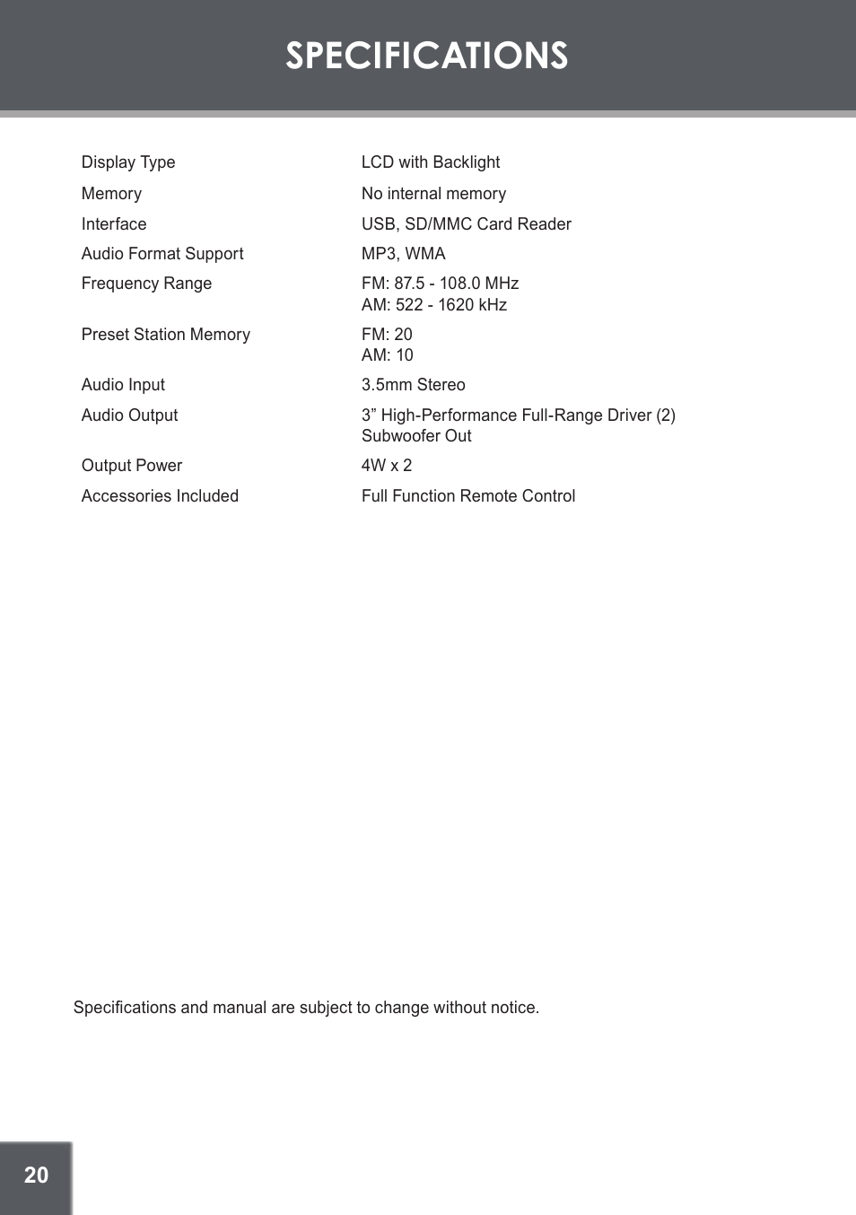 Specifications | COBY electronic CX-266 User Manual | Page 20 / 24