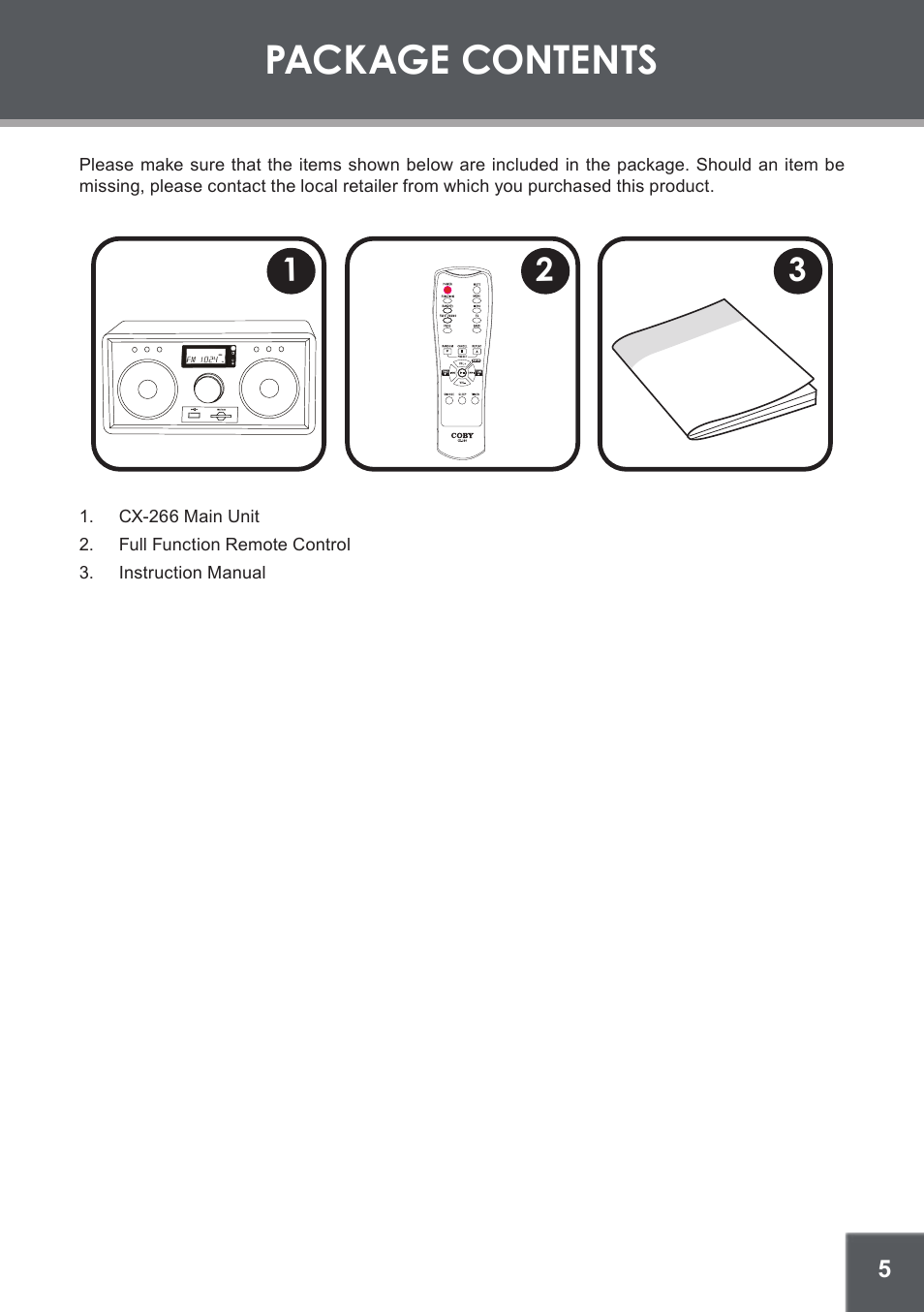 Package contents | COBY electronic CX-266 User Manual | Page 5 / 24