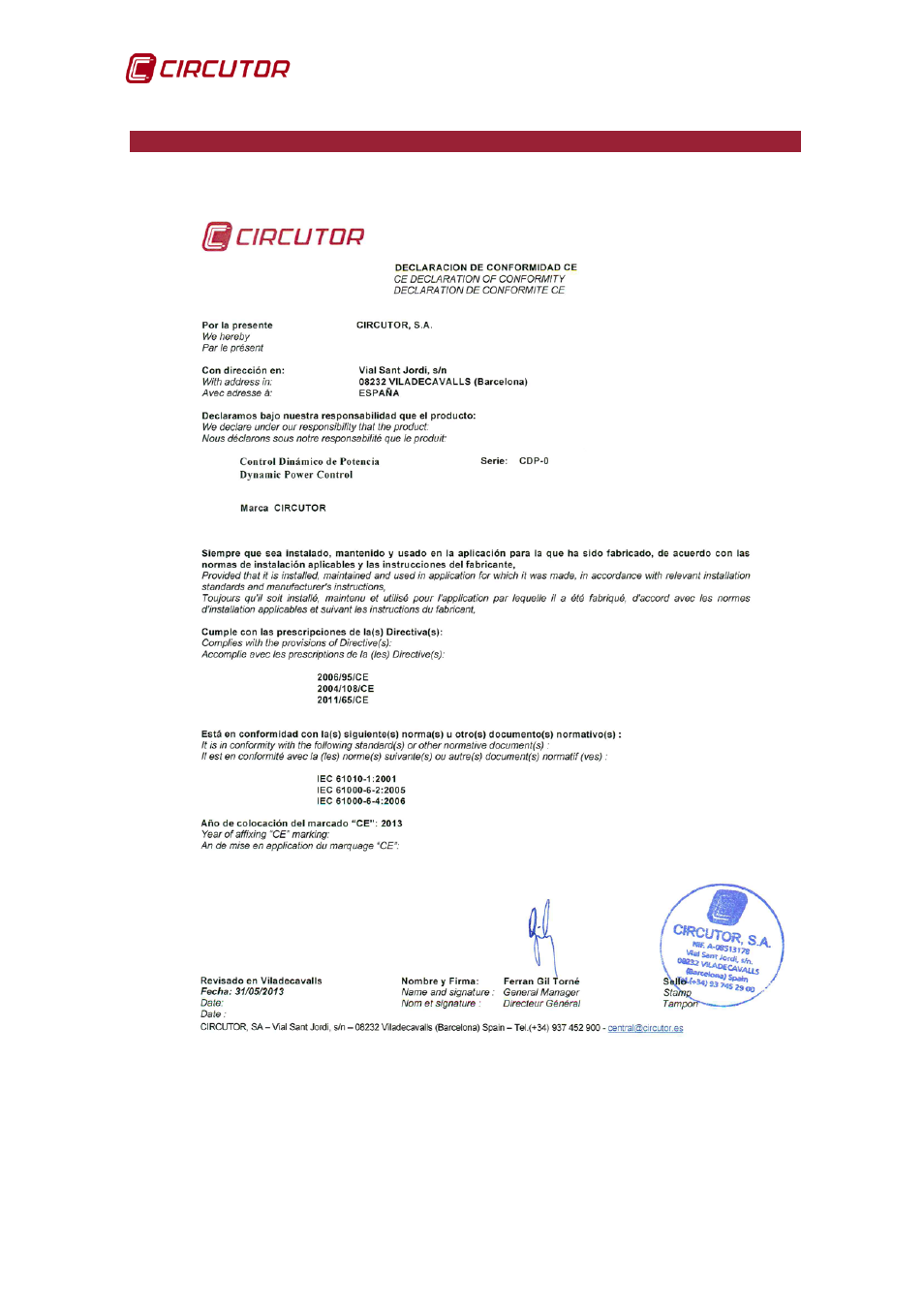 Ce certificate | CIRCUTOR CDP-0 User Manual | Page 70 / 74
