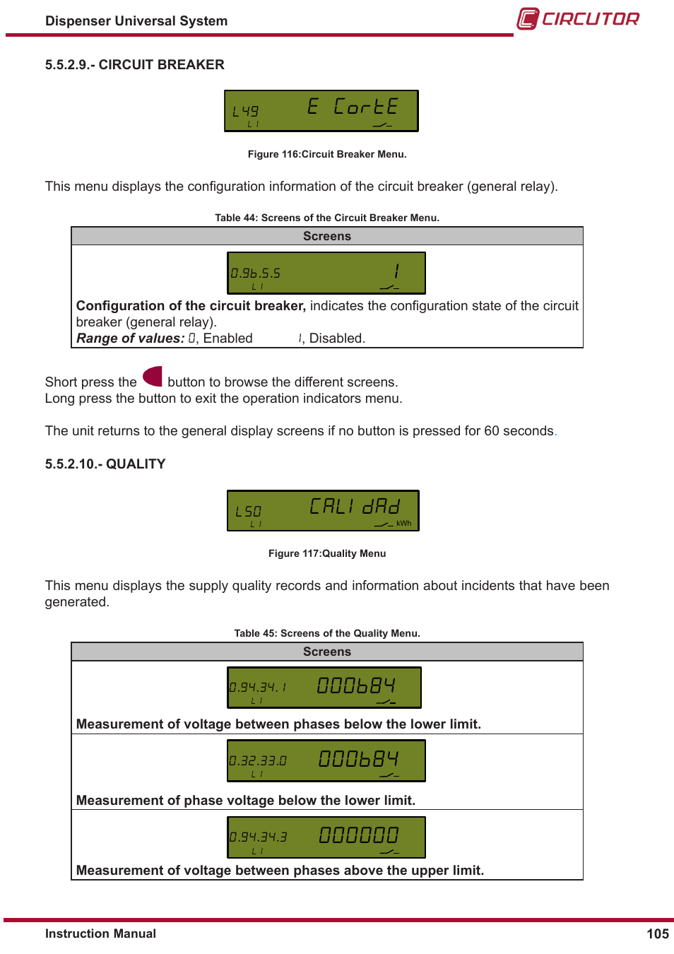 E corte, Calidad | CIRCUTOR DISPENSER Series User Manual | Page 105 / 124