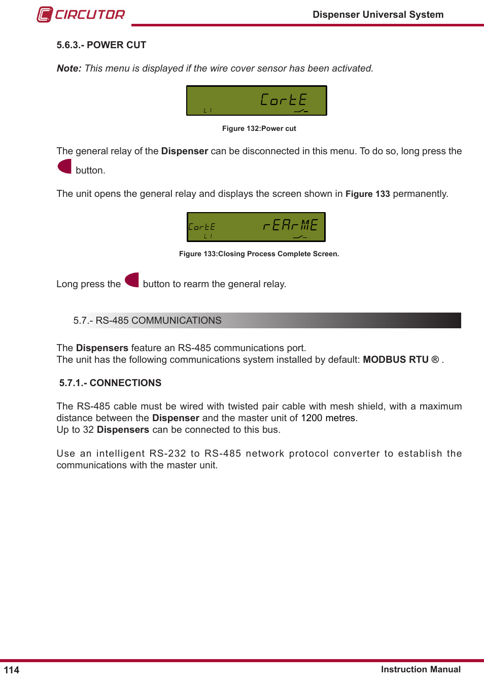 Connections, Power cut, Corte | Rearme | CIRCUTOR DISPENSER Series User Manual | Page 114 / 124