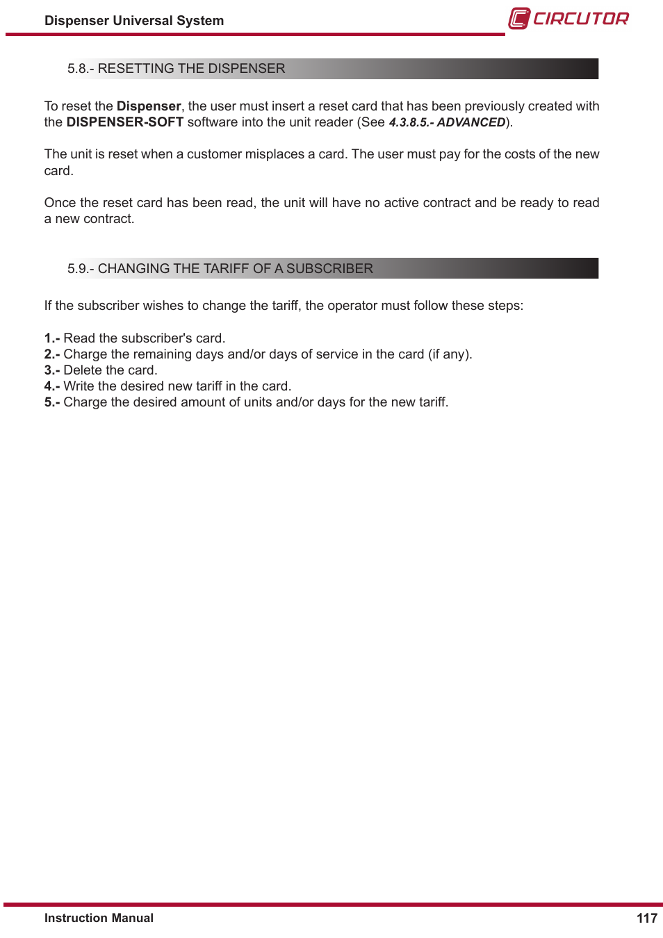 Resetting the dispenser, Changing the tariff of a subscriber | CIRCUTOR DISPENSER Series User Manual | Page 117 / 124