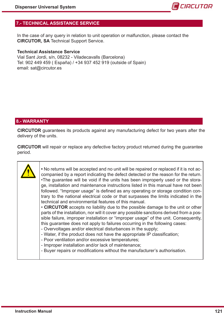 Technical assistance service, Warranty | CIRCUTOR DISPENSER Series User Manual | Page 121 / 124