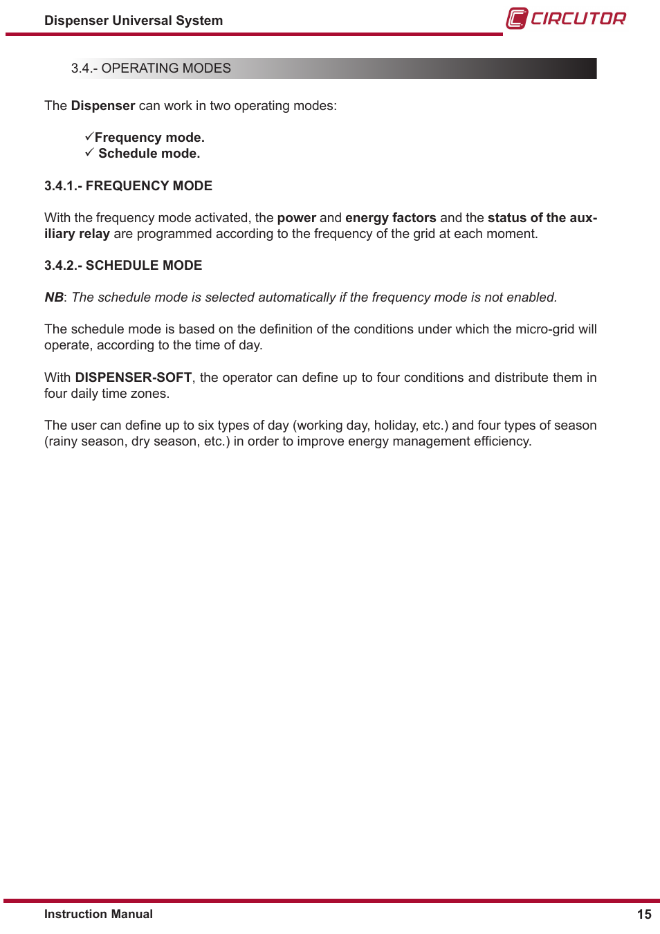 Schedule mode, Frequency mode | CIRCUTOR DISPENSER Series User Manual | Page 15 / 124