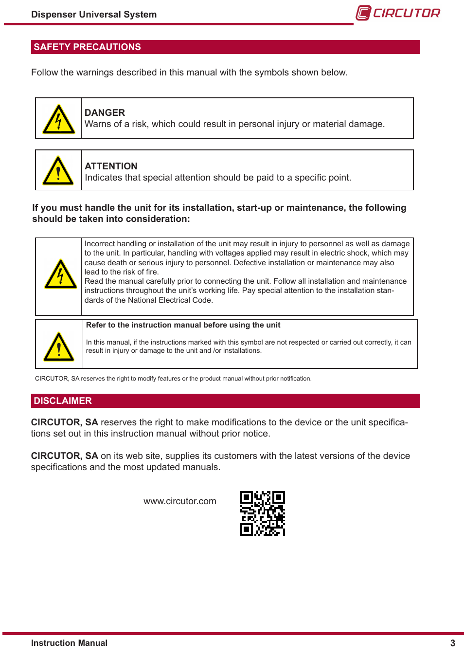 Safety precautions, Disclaimer | CIRCUTOR DISPENSER Series User Manual | Page 3 / 124