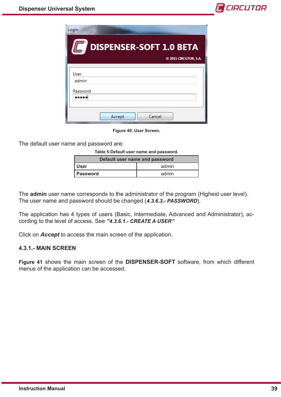 Main screen | CIRCUTOR DISPENSER Series User Manual | Page 39 / 124