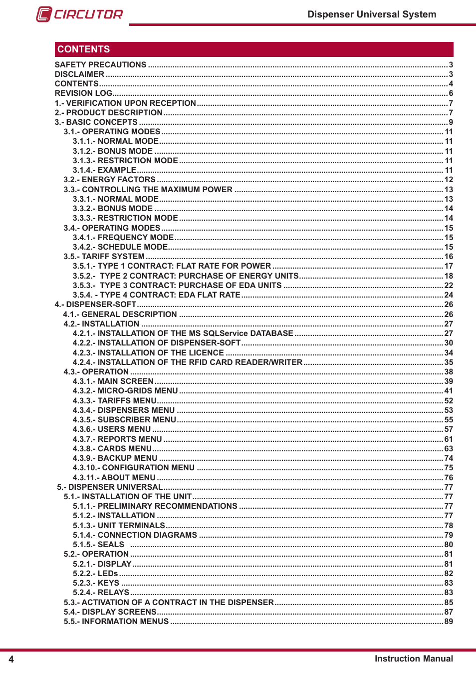 CIRCUTOR DISPENSER Series User Manual | Page 4 / 124