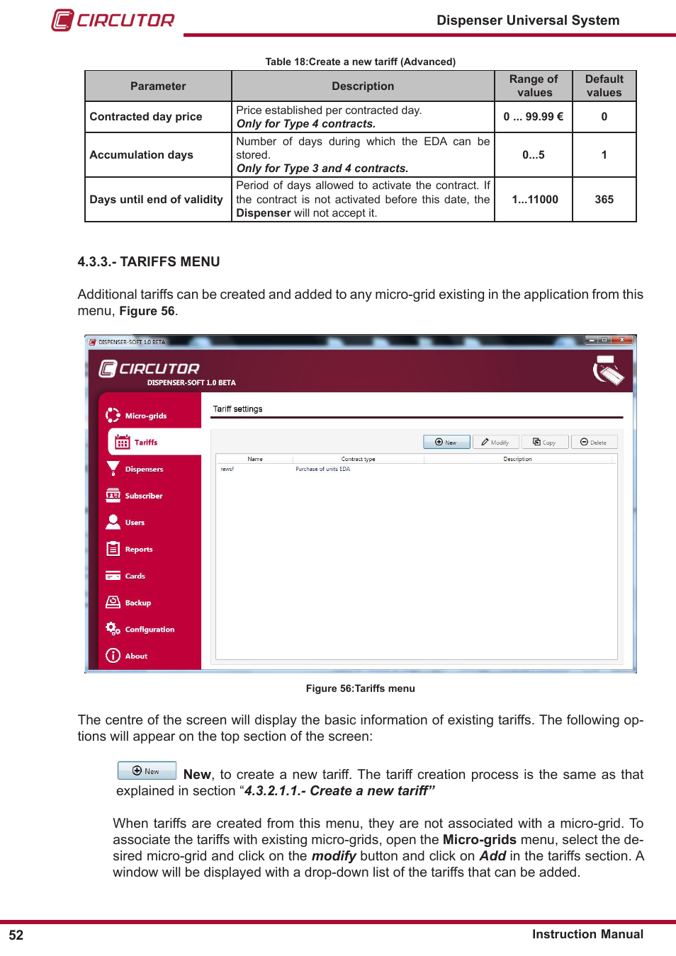 Tariffs menu | CIRCUTOR DISPENSER Series User Manual | Page 52 / 124