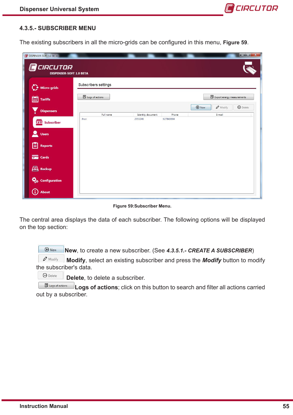 Subscriber menu | CIRCUTOR DISPENSER Series User Manual | Page 55 / 124