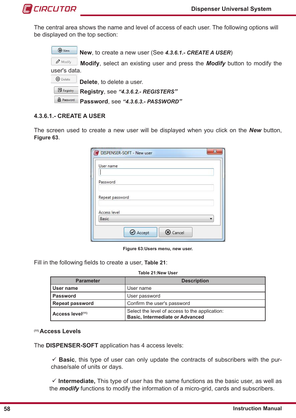 Cording to the level of access. see, Create a user | CIRCUTOR DISPENSER Series User Manual | Page 58 / 124