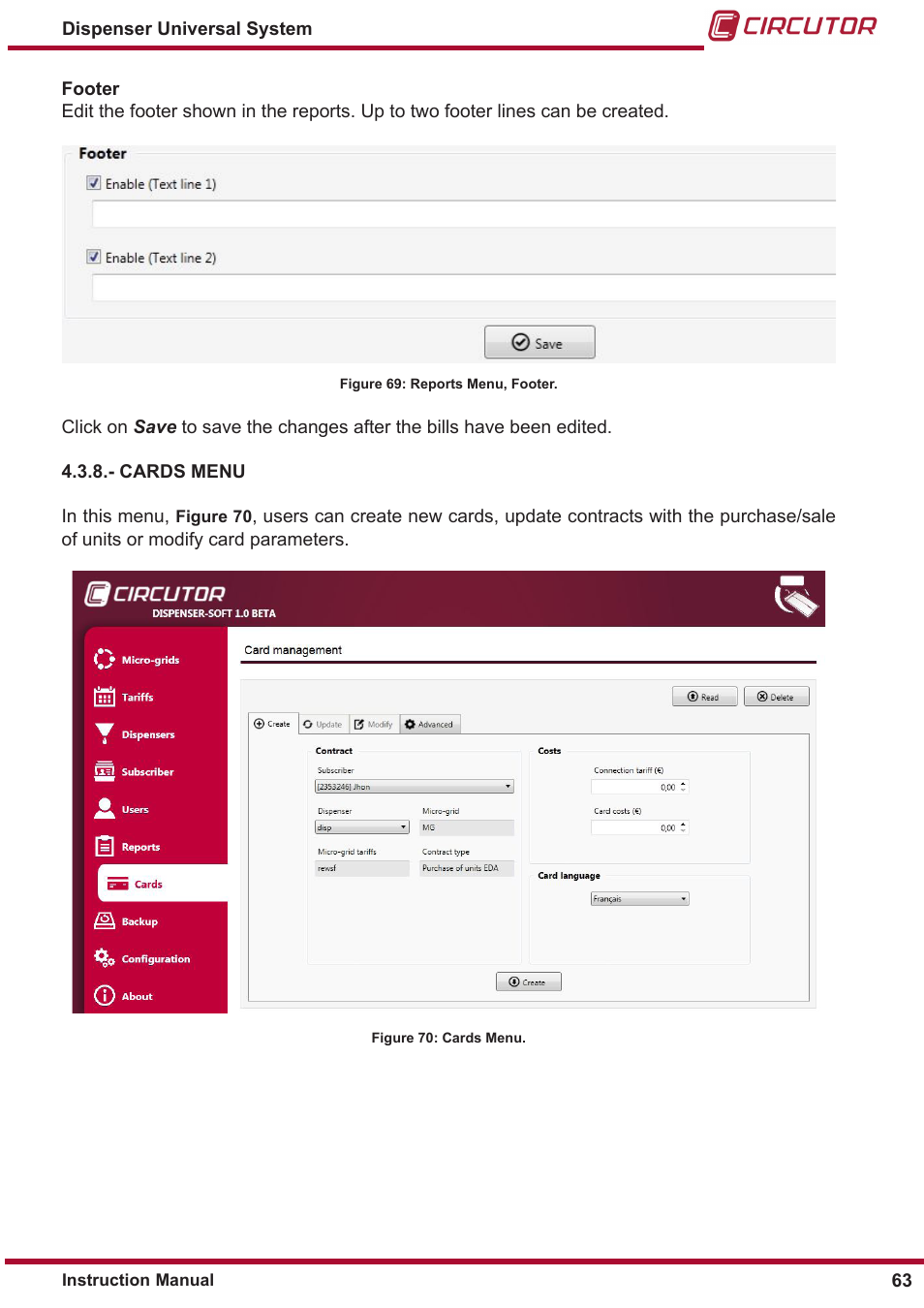 Cards menu | CIRCUTOR DISPENSER Series User Manual | Page 63 / 124