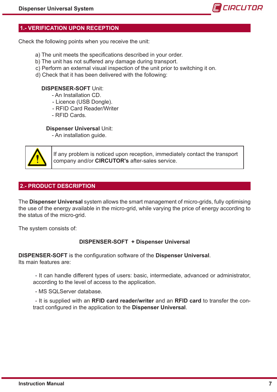 Verification upon reception | CIRCUTOR DISPENSER Series User Manual | Page 7 / 124