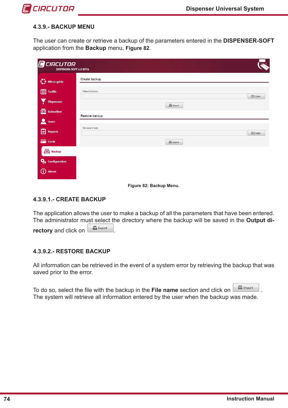 Backup menu | CIRCUTOR DISPENSER Series User Manual | Page 74 / 124