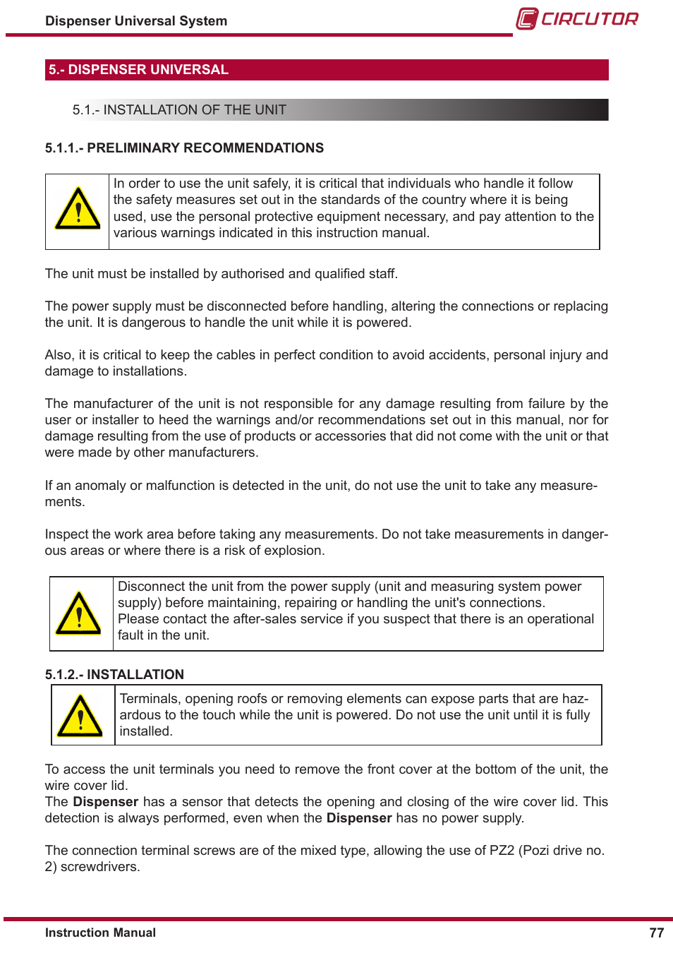 Installation, Preliminary recommendations, Dispenser universal | CIRCUTOR DISPENSER Series User Manual | Page 77 / 124