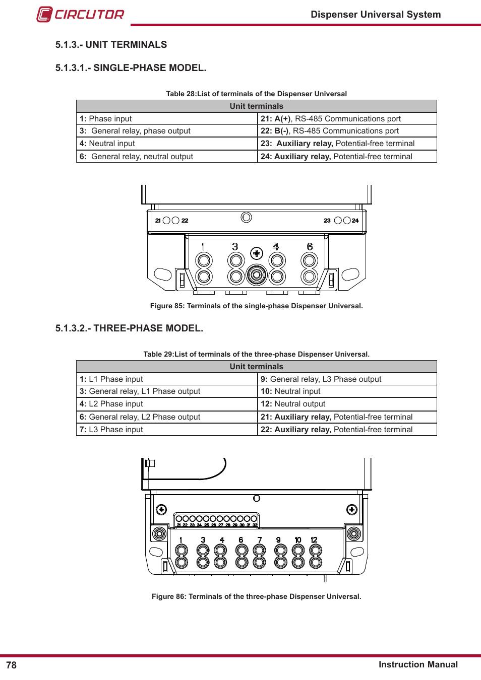 Unit terminals | CIRCUTOR DISPENSER Series User Manual | Page 78 / 124