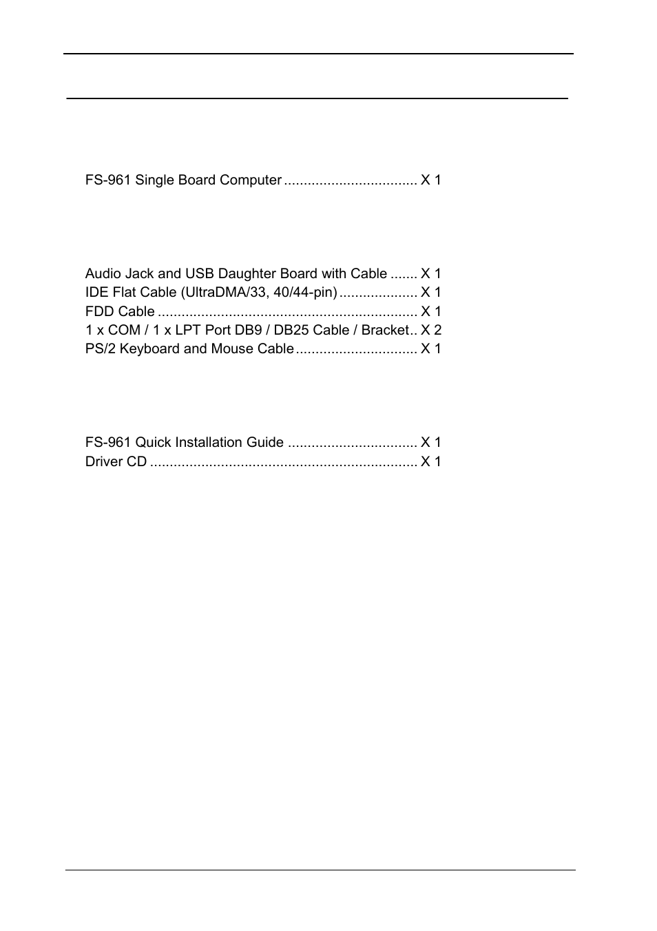 Packing list, Hardware, Cable kit | Printed matter and software | COMMELL FS-961 User Manual | Page 2 / 46