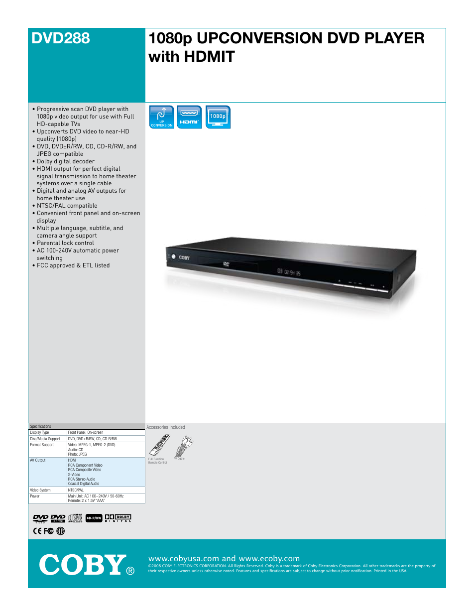 COBY electronic DVD288 User Manual | 1 page