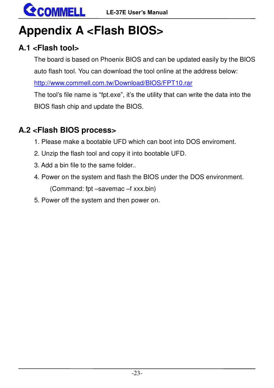 Appendix a <flash bios, A.1 <flash tool, A.2 <flash bios process | COMMELL LE-37E User Manual | Page 24 / 29