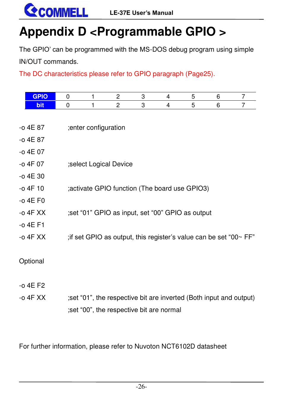 Appendix d <programmable gpio | COMMELL LE-37E User Manual | Page 27 / 29