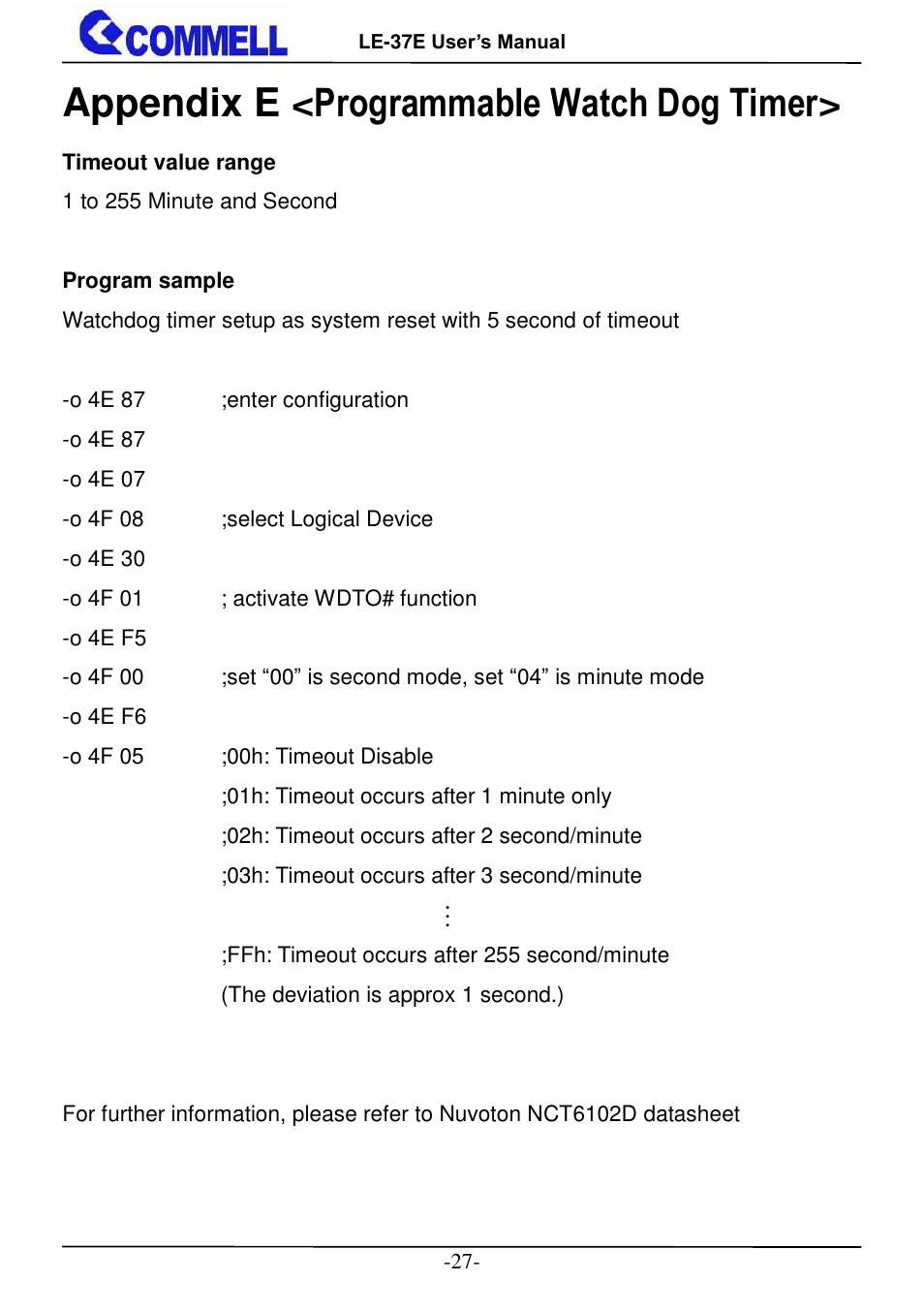 Appendix e <programmable watch dog timer | COMMELL LE-37E User Manual | Page 28 / 29