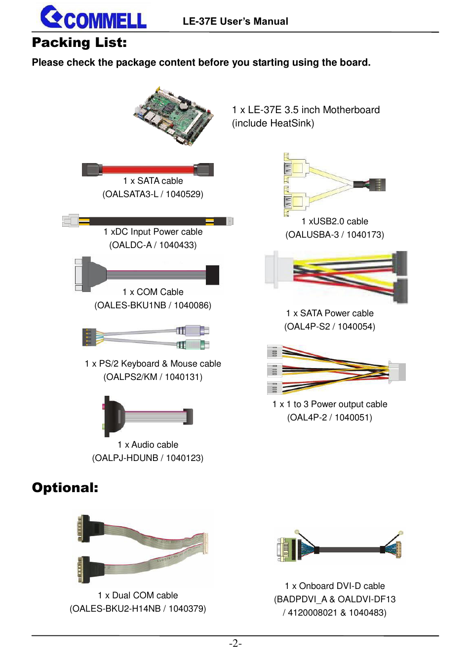 Packing list, Optional | COMMELL LE-37E User Manual | Page 3 / 29