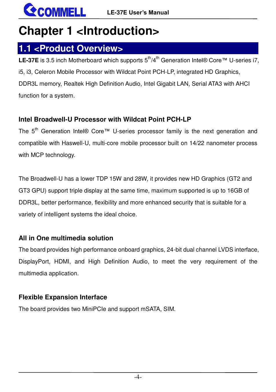 Chapter 1 <introduction, 1 <product overview | COMMELL LE-37E User Manual | Page 5 / 29