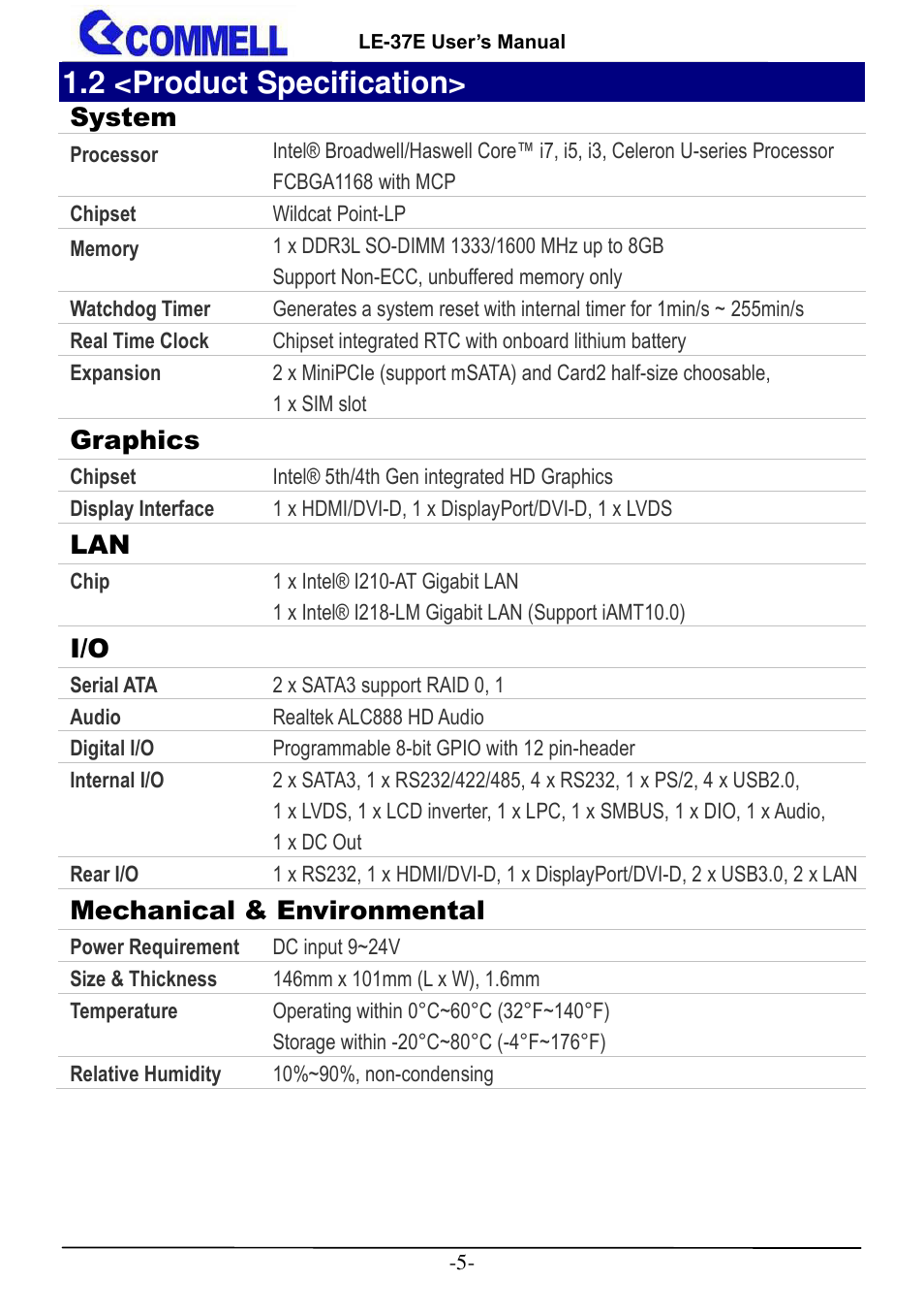 2 <product specification | COMMELL LE-37E User Manual | Page 6 / 29