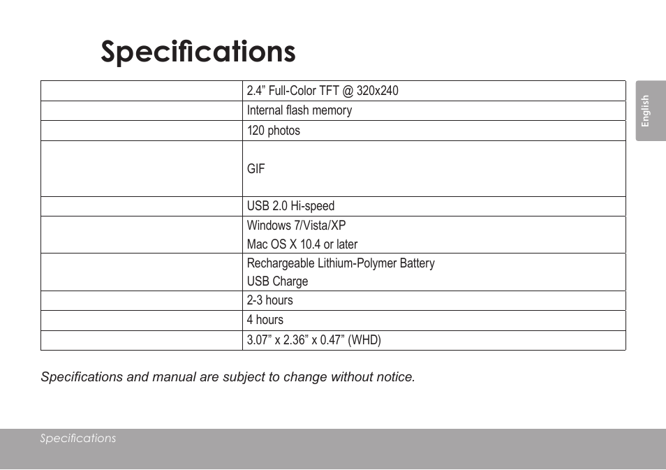 Specifications, Specifications 7.0 | COBY electronic DP245 User Manual | Page 23 / 92