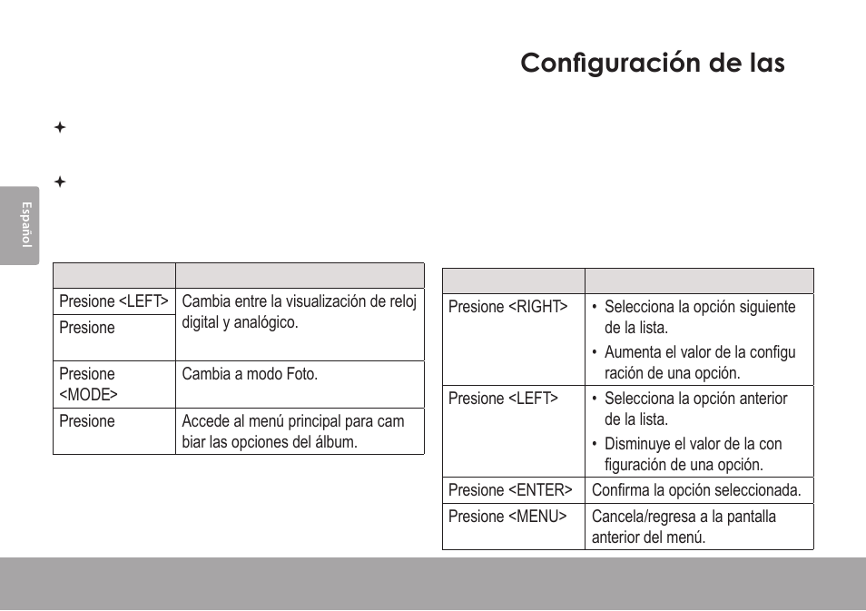 Modo reloj, Controles del modo reloj, Configuración de las opciones del álbum | Controles del menú principal, Modo reloj 4.2, Configuración de las 4.3 opciones del álbum | COBY electronic DP245 User Manual | Page 40 / 92