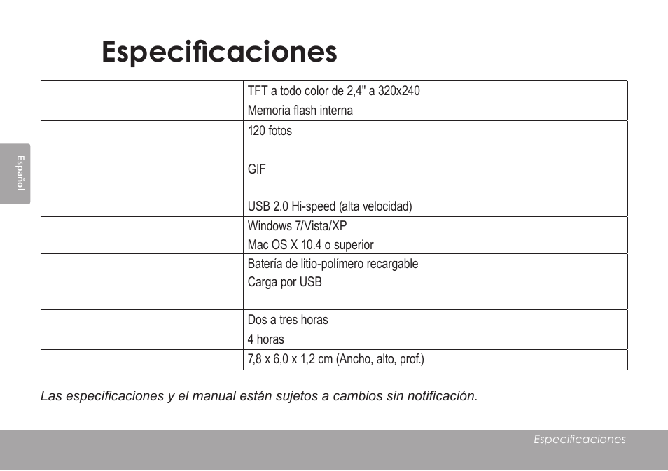 Especificaciones, Especificaciones 7.0 | COBY electronic DP245 User Manual | Page 52 / 92