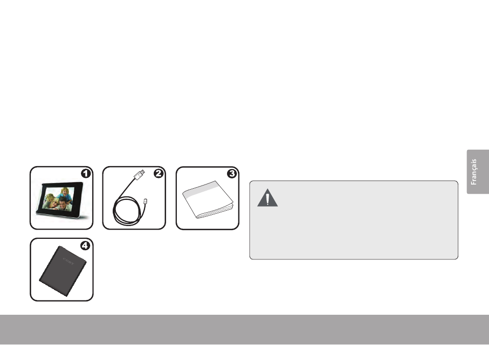 Merci, Contenu de l’emballage, Merci 1.0 | Contenu de l’emballage 1.1 | COBY electronic DP245 User Manual | Page 63 / 92