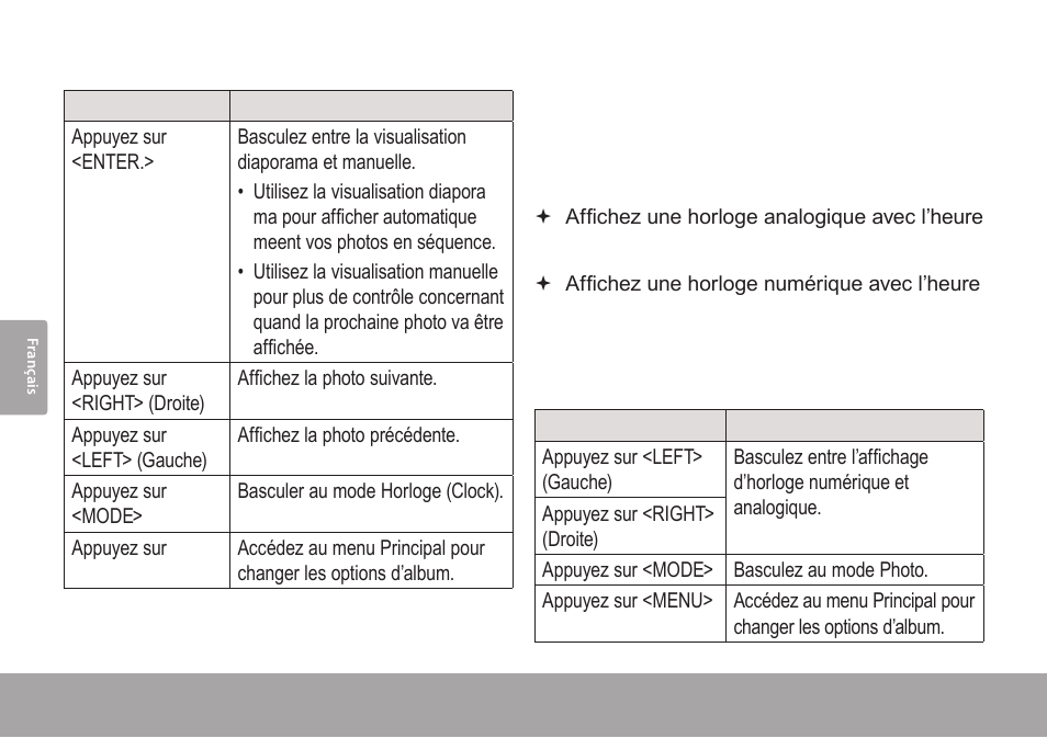 Commandes d’album photo, Clock mode (mode horloge), Commandes de mode clock (horloge) | Clock mode (mode 4.2 horloge) | COBY electronic DP245 User Manual | Page 70 / 92