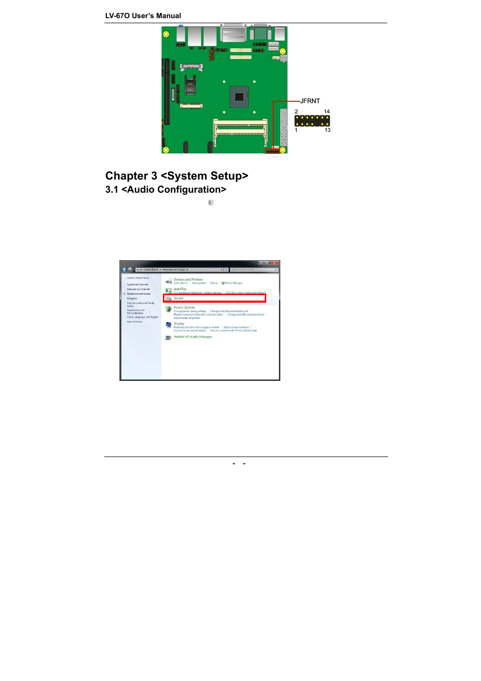 Chapter 3 <system setup, 1 <audio configuration | COMMELL LV-67O User Manual | Page 33 / 41