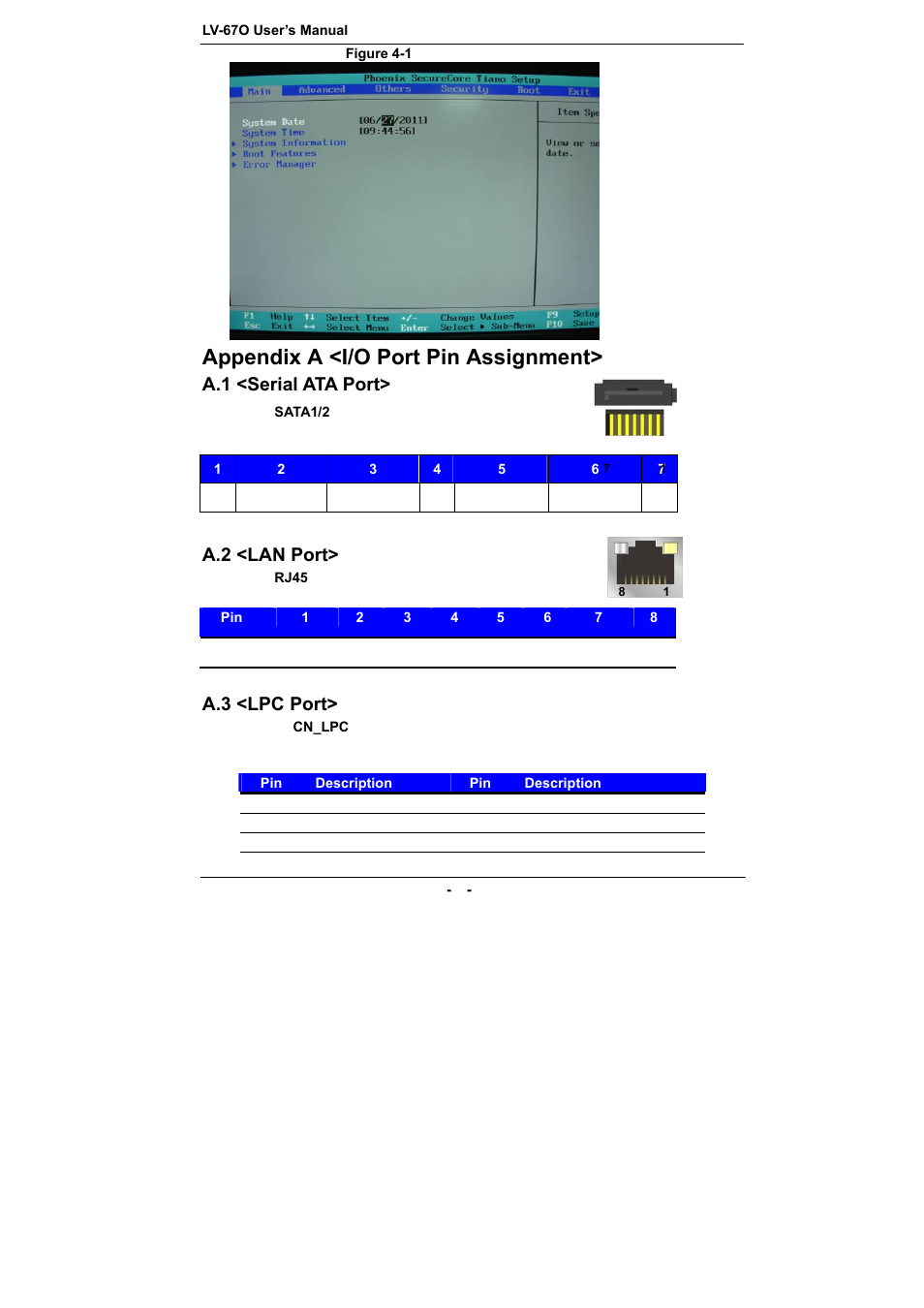 Appendix a <i/o port pin assignment, A.1 <serial ata port, A.2 <lan port | A.3 <lpc port | COMMELL LV-67O User Manual | Page 37 / 41