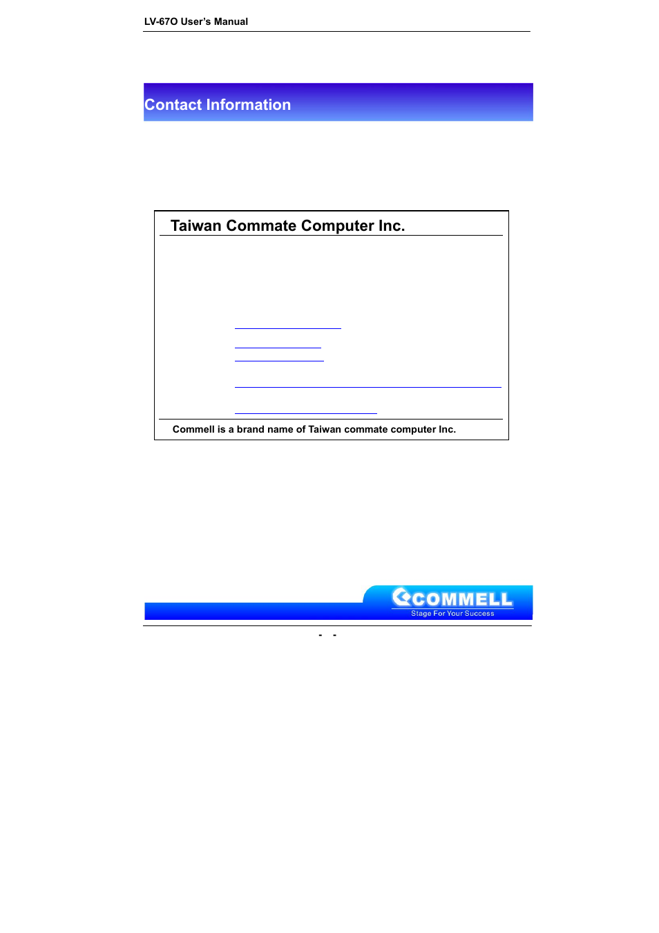 Contact information, Taiwan commate computer inc | COMMELL LV-67O User Manual | Page 41 / 41