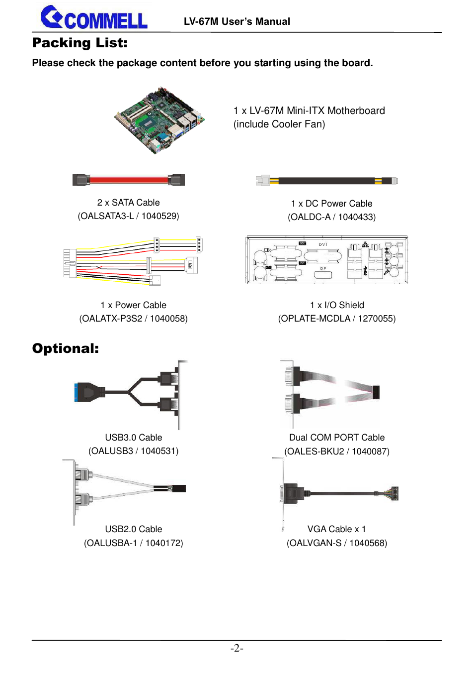 Packing list, Optional | COMMELL LV-67M User Manual | Page 3 / 34