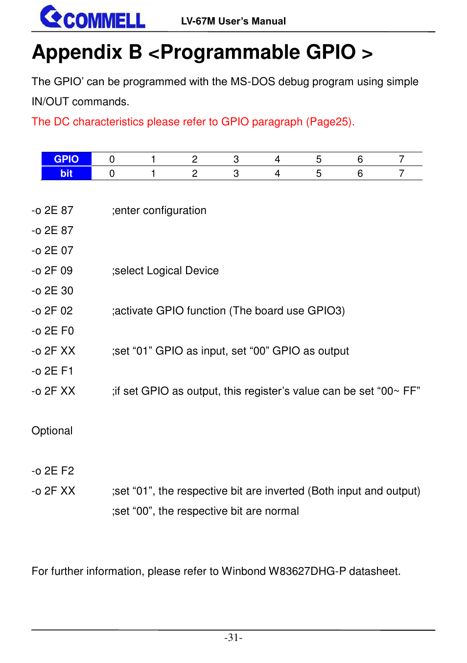 Appendix b <programmable gpio | COMMELL LV-67M User Manual | Page 32 / 34