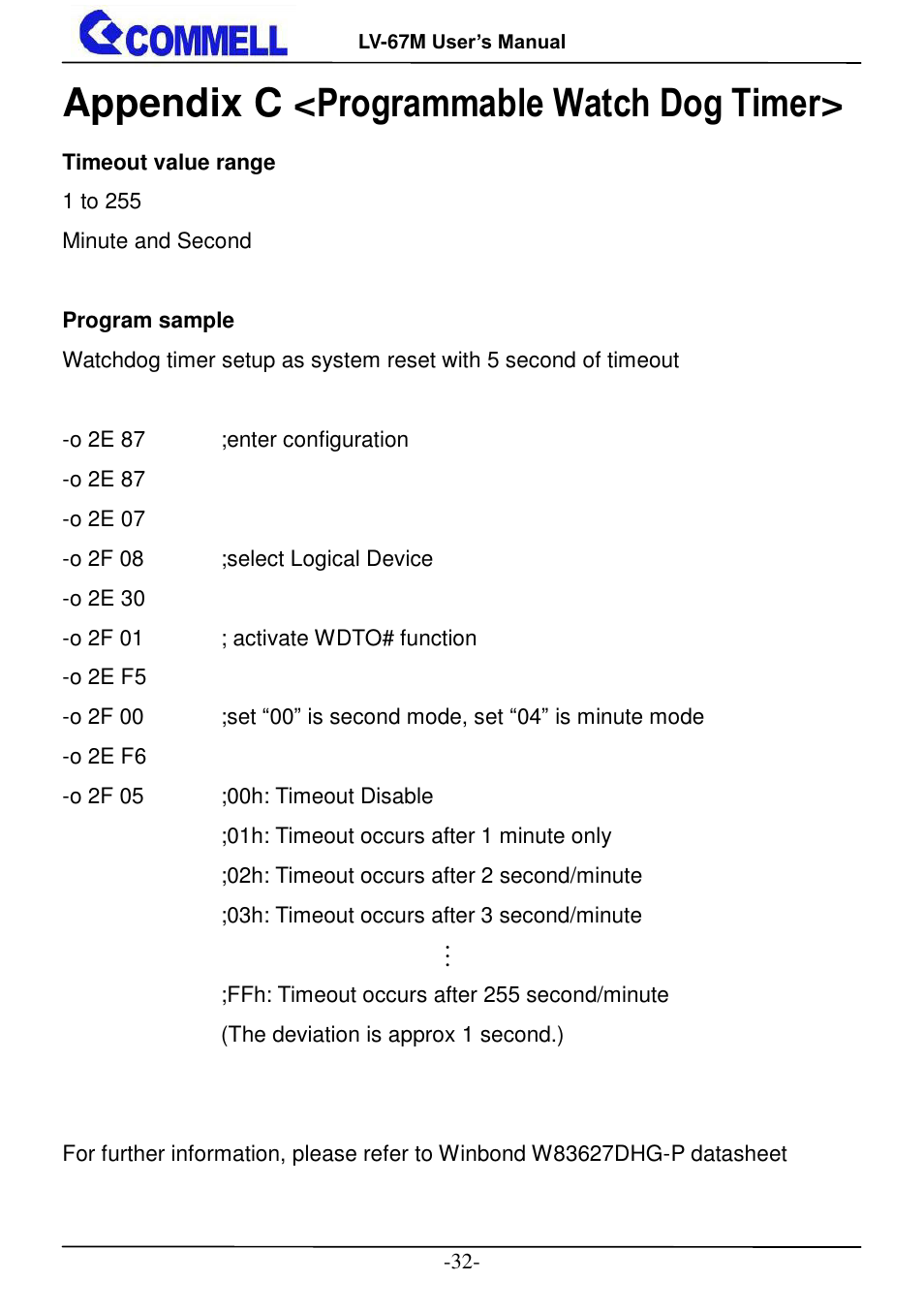 Appendix c <programmable watch dog timer | COMMELL LV-67M User Manual | Page 33 / 34