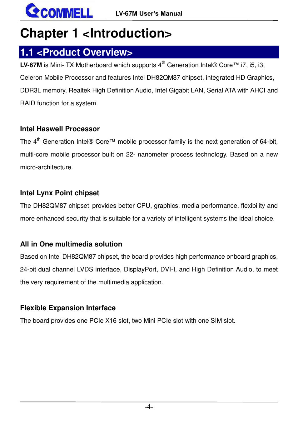 Chapter 1 <introduction, 1 <product overview | COMMELL LV-67M User Manual | Page 5 / 34
