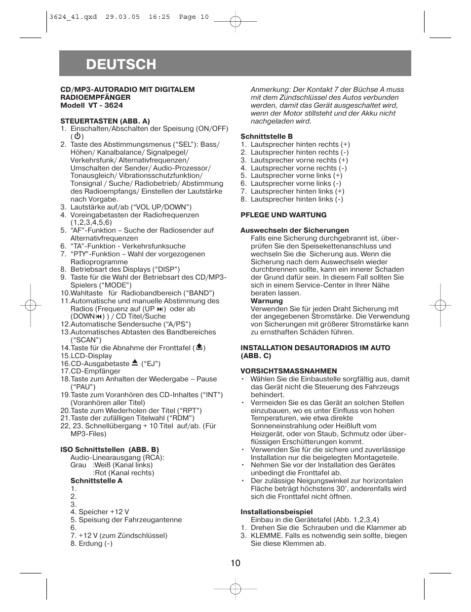 Deutsch | Vitek VT-3624 User Manual | Page 10 / 28