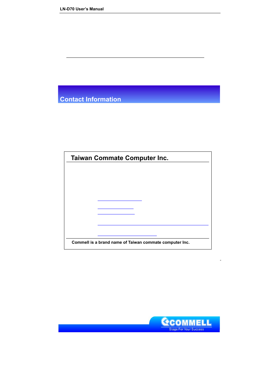 Contact information, Taiwan commate computer inc | COMMELL LN-D70 User Manual | Page 43 / 43