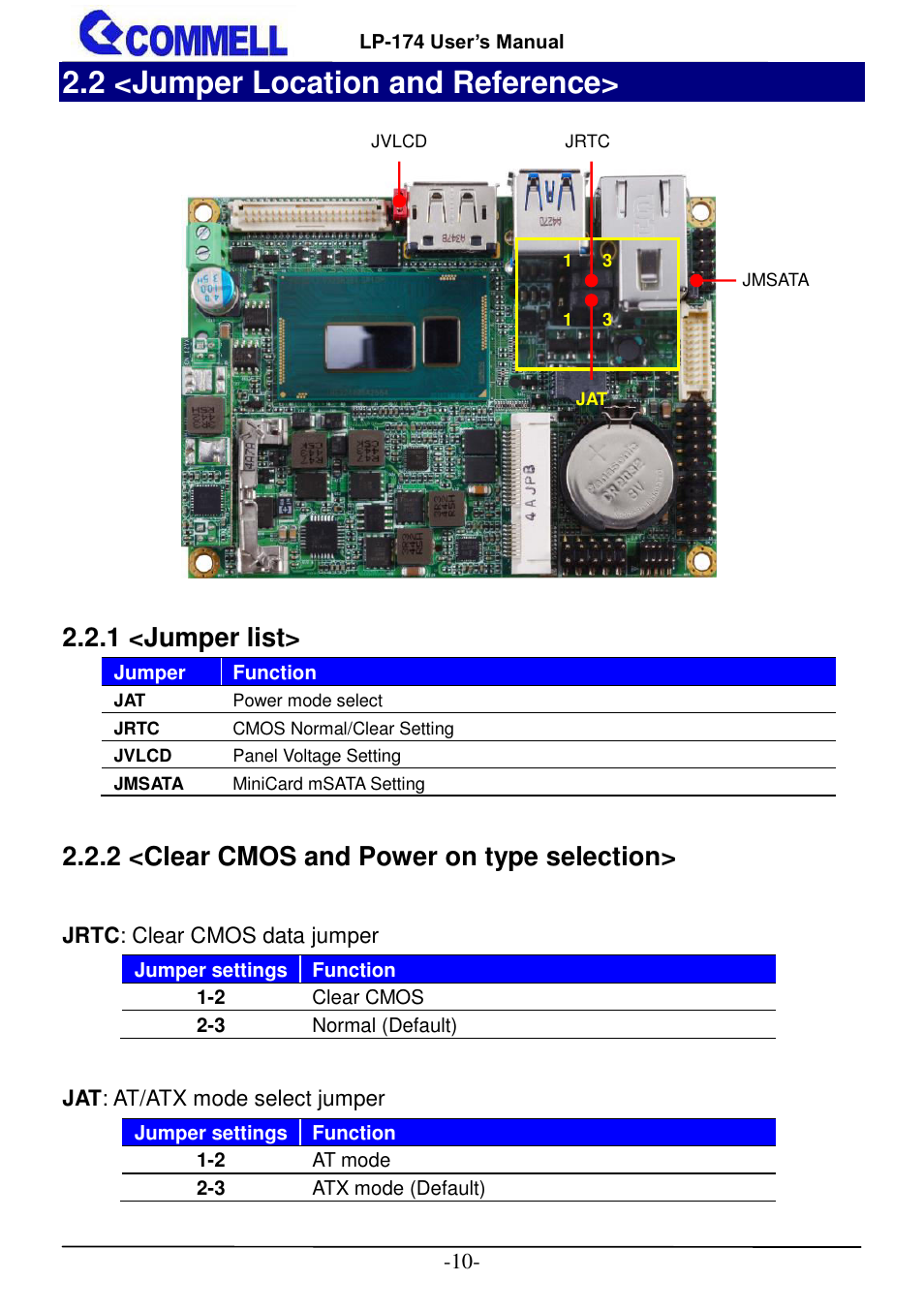 2 <jumper location and reference, 1 <jumper list, 2 <clear cmos and power on type selection | COMMELL LP-174 User Manual | Page 11 / 25