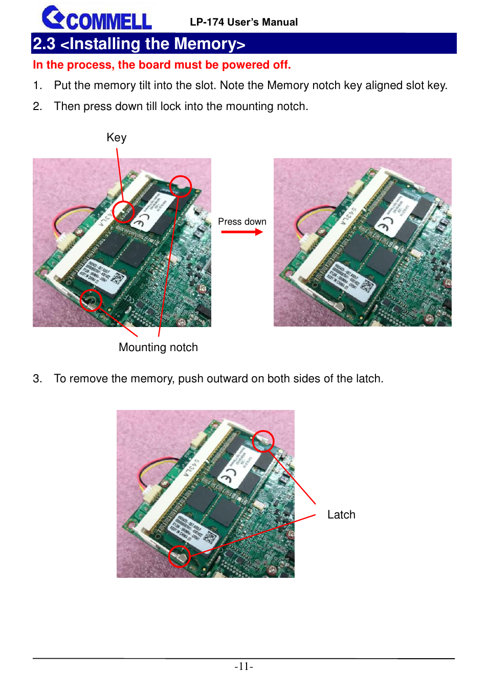 3 <installing the memory | COMMELL LP-174 User Manual | Page 12 / 25