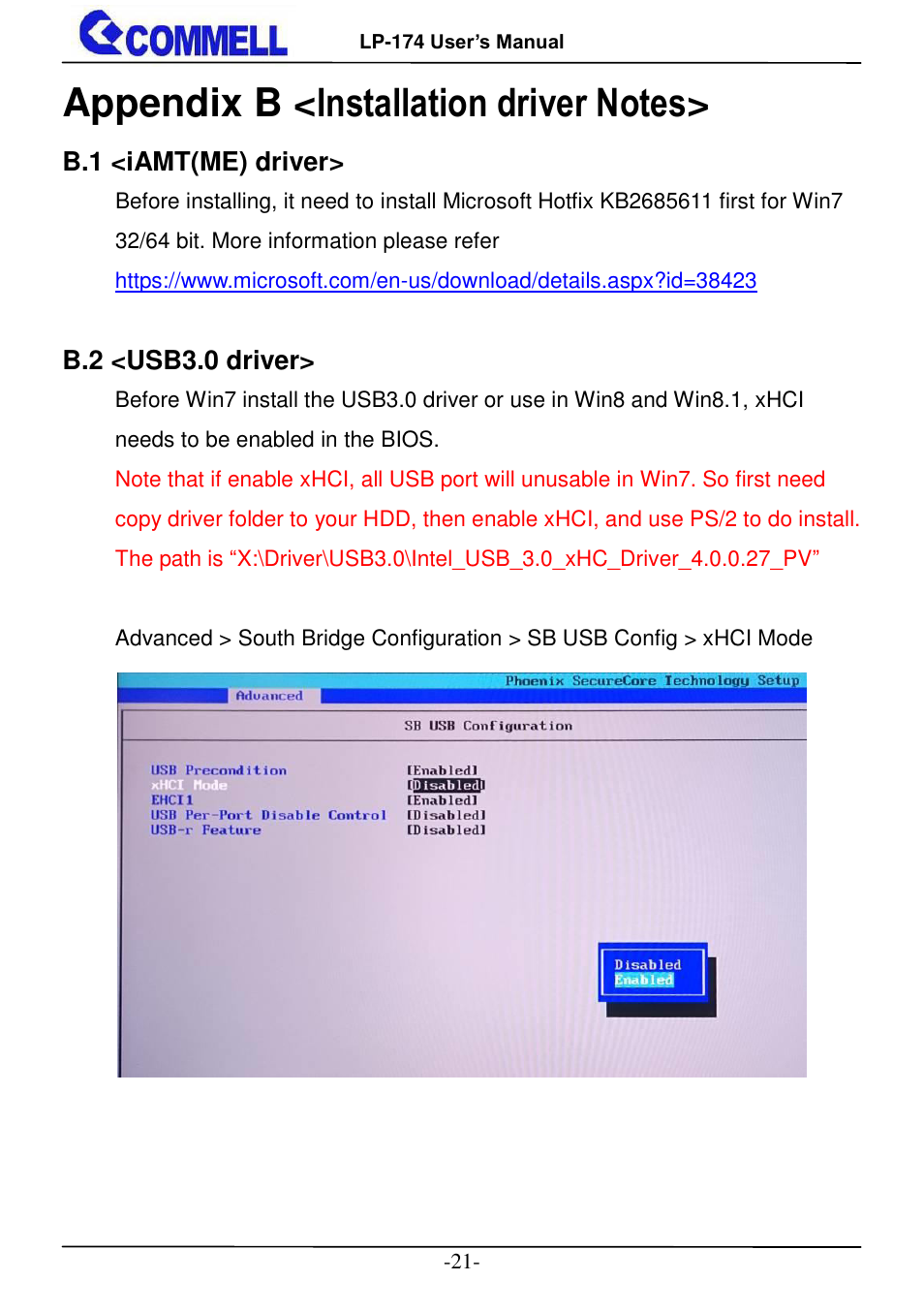 Appendix b <installation driver notes, B.1 <iamt(me) driver, B.2 <usb3.0 driver | COMMELL LP-174 User Manual | Page 22 / 25