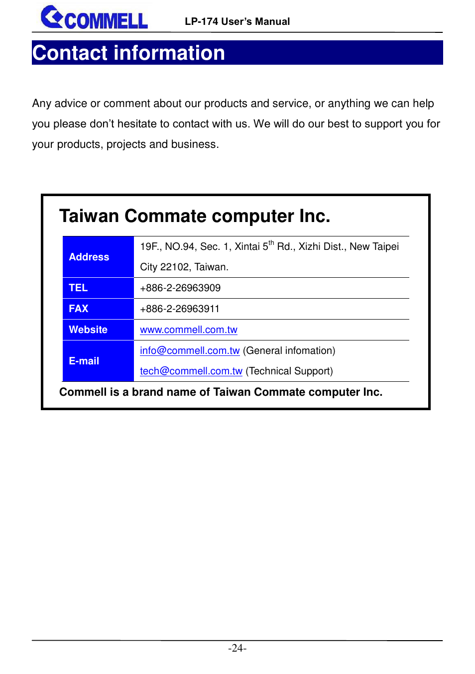 Contact information, Taiwan commate computer inc | COMMELL LP-174 User Manual | Page 25 / 25