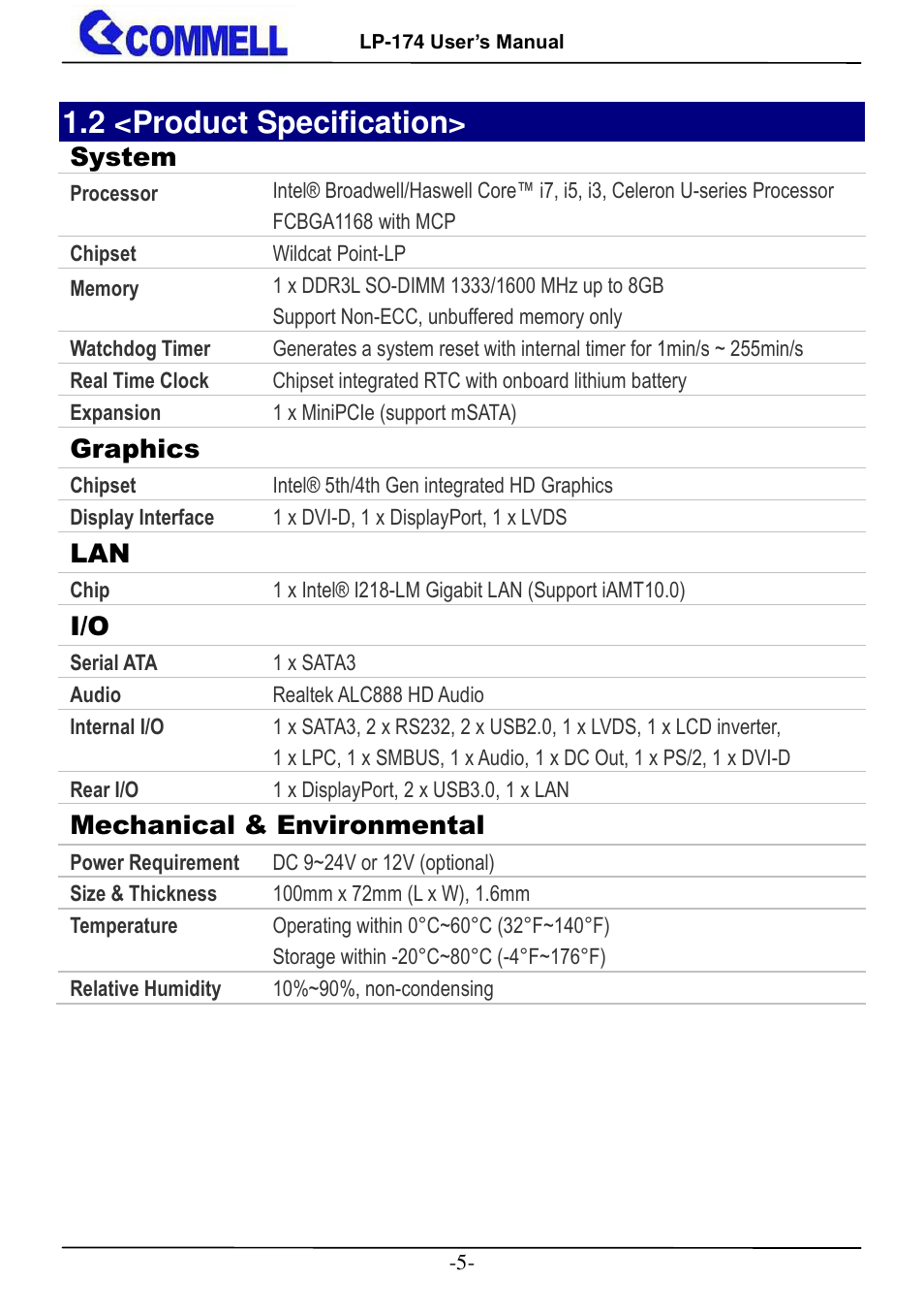 2 <product specification | COMMELL LP-174 User Manual | Page 6 / 25