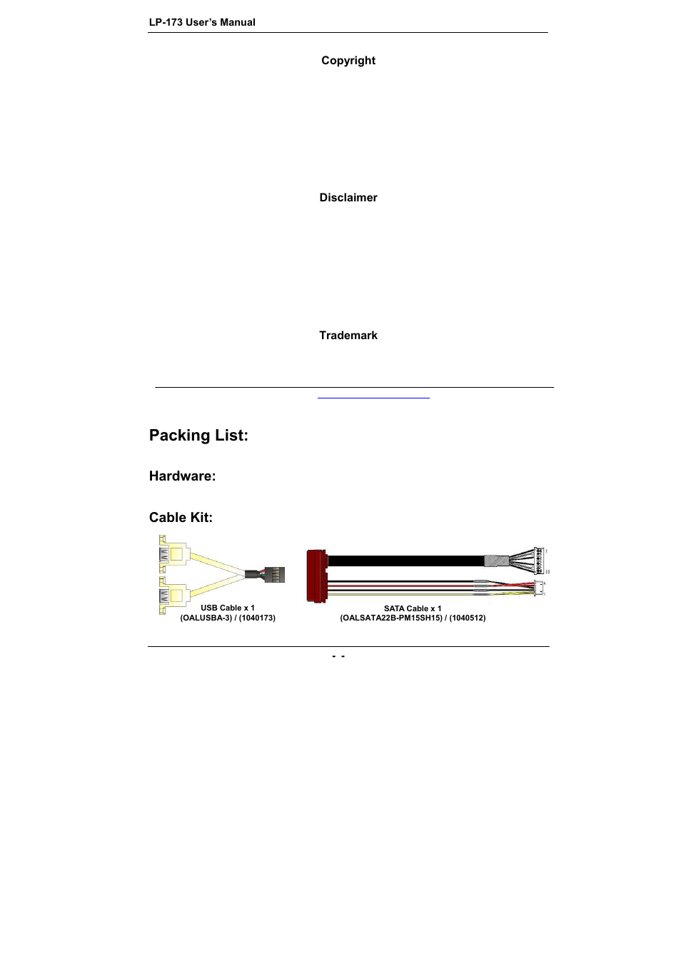 Packing list, Hardware, Cable kit | COMMELL LP-173 User Manual | Page 2 / 34