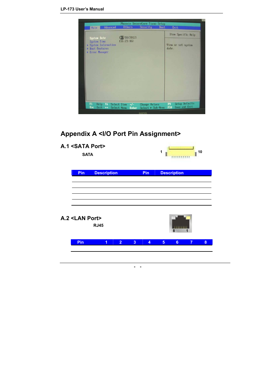 Appendix a <i/o port pin assignment, A.1 <sata port, A.2 <lan port | COMMELL LP-173 User Manual | Page 28 / 34